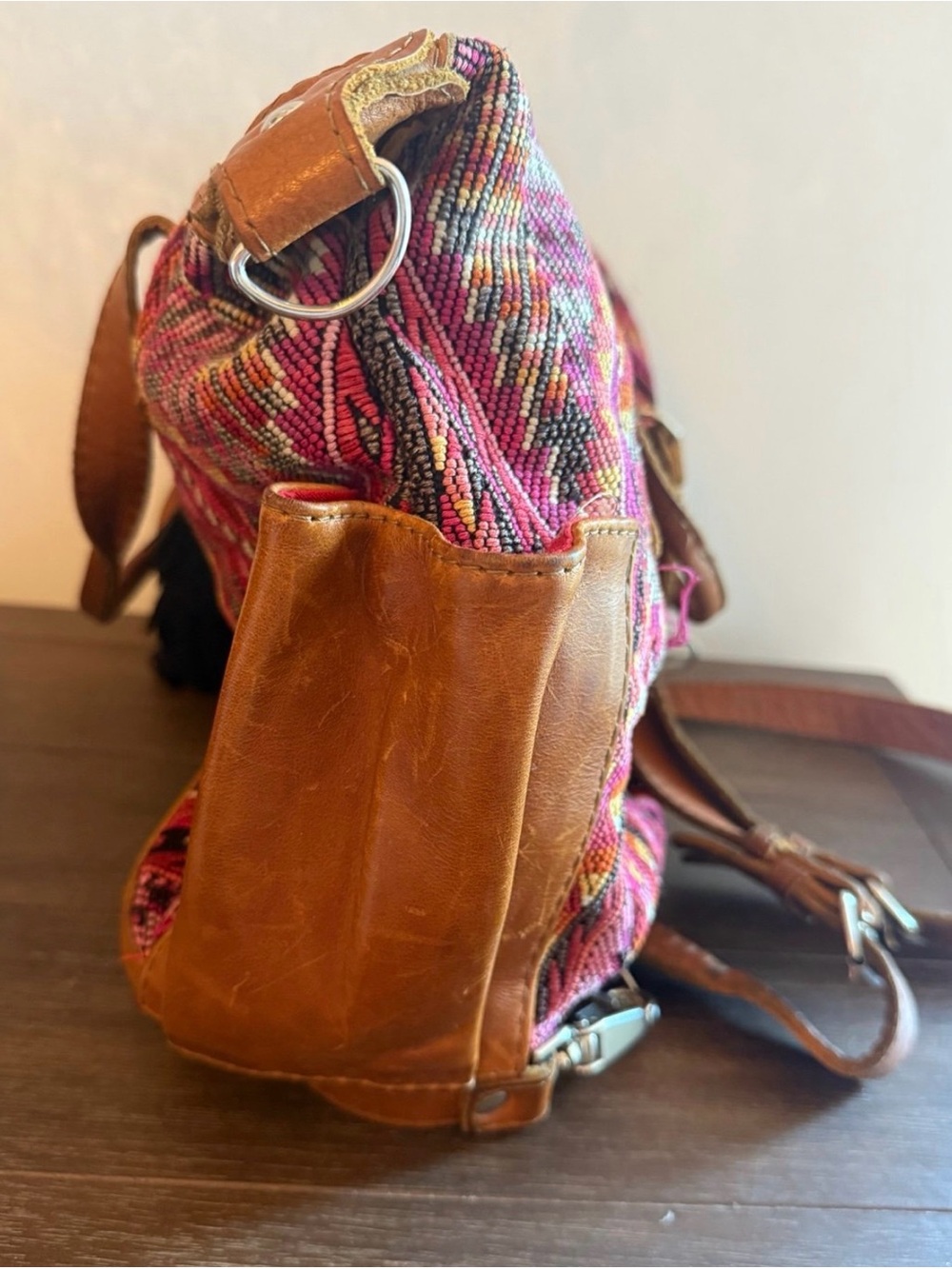 Handwoven Pink Patterned Tote Bag with Leather Trim - Picture 3 of 11
